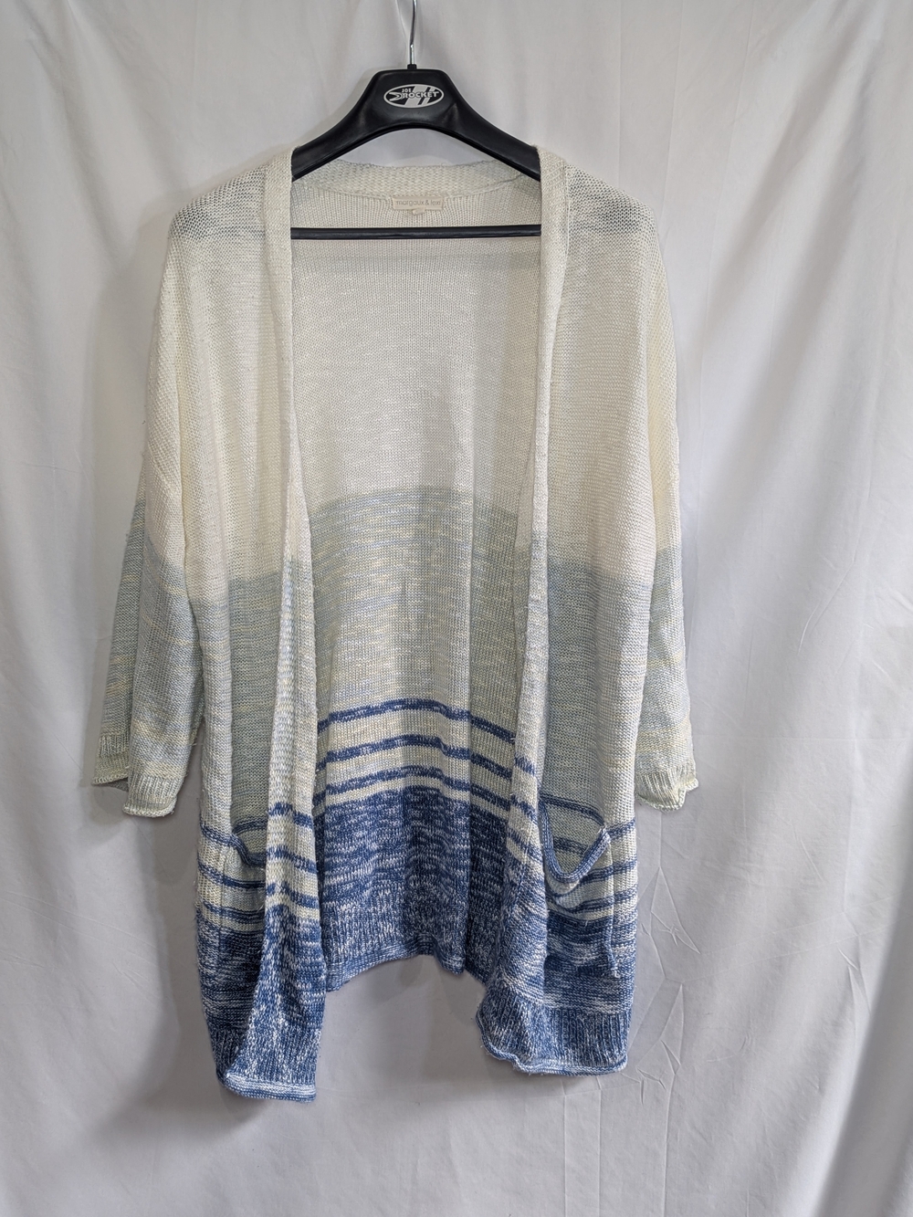 Margaux & Lexi Open Front Knit Cardigan Blue Cream Striped Boho Duster